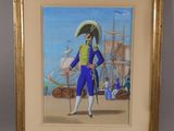 tableau représentant un homme vêtu d'un costume bleu et jaune, tenant une canne