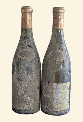two bottles of wine sitting next to each other on a table
