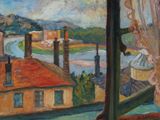 une peinture représentant une vue d'une ville depuis une fenêtre