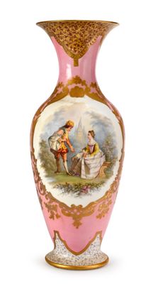 a pink vase with a picture of a man and a woman on it
