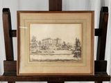 une vieille photo représentant un dessin d'une maison posé sur un chevalet
