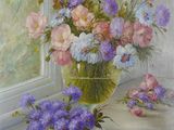 une peinture représentant un vase de fleurs posé sur le rebord d'une fenêtre