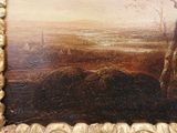 an oil painting of a landscape with trees in the foreground and a distant landscape in the background