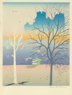 une image représentant un tableau où l'on voit un arbre et une maison au loin