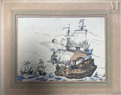 une vieille photo représentant un bateau en mer, entouré d'autres bateaux