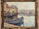 une peinture représentant un bateau sur l'eau, près d'un immeuble