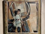 a painting on the wall of a room with a picture of a woman