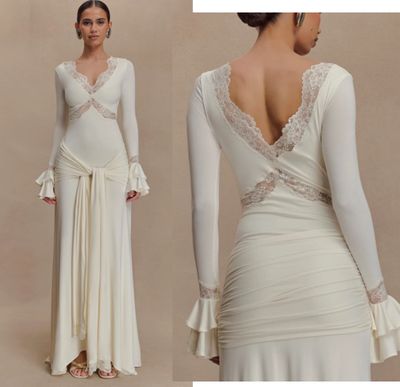 deux photos d'une femme en robe blanche à manches longues
