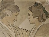 tableau représentant deux femmes se faisant face devant un mur