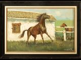 painting of a horse running in front of a barn with a horse in the background