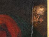 an old painting of a man with a beard and a red chair