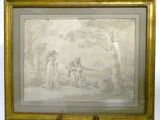 painting of a man and a woman in a wooded setting with a dog
