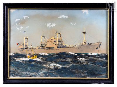 tableau représentant un navire en mer avec un bateau jaune à l'eau