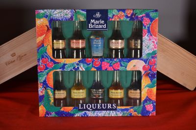 a box of liquor bottles sitting on a table