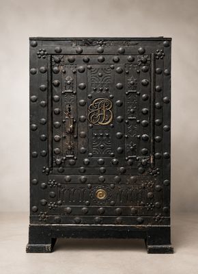 une vieille armoire en métal noir munie d'une porte sur laquelle est gravée la lettre « b »