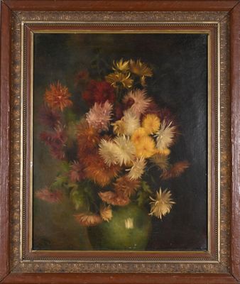 painting of flowers in a green vase on a black background
