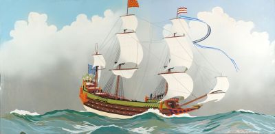 une peinture représentant un bateau sur l'eau, avec le ciel en arrière-plan