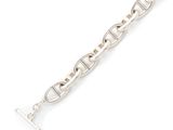 a close up of a silver bracelet on a white background
