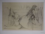 drawing of a woman laying on a bed in a room