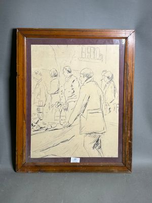 dessin représentant un homme debout devant un comptoir, un couteau à la main