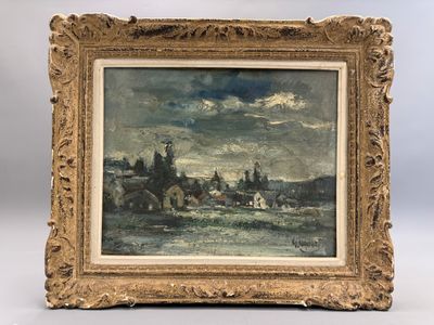 un tableau représentant un paysage avec des maisons et des arbres, dans un cadre doré