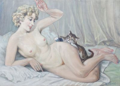 un tableau représentant une femme nue allongée sur un lit avec un chat
