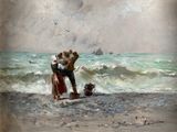 a painting of two people on the beach by the water
