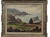 a painting of an old painting of a farm by the ocean