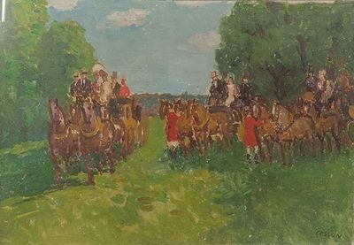 une peinture représentant un groupe de personnes à cheval dans un champ