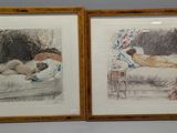 two framed drawings of a woman laying on a bed and a man laying on a couch