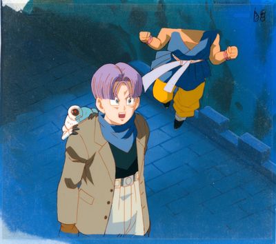 cellule d'animation représentant un homme et une femme dans une rue, accompagnés d'un chien
