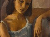 tableau représentant une femme en robe bleue assise sur un canapé
