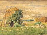 an image of a painting of hay stacks in a field