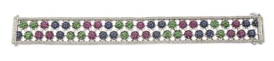 a close up of a colorful beaded bracelet on a white background
