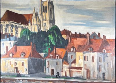 un tableau représentant un tableau d'une ville avec une église en arrière-plan