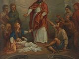 une reproduction d'un tableau représentant un homme vêtu d'une robe rouge penché au-dessus d'un bébé dans un berceau