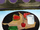 un tableau représentant une table sur laquelle sont posés des légumes et un pichet