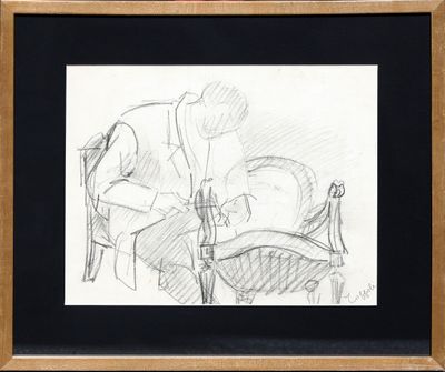 drawing of a man sitting on a chair with a dog in a chair