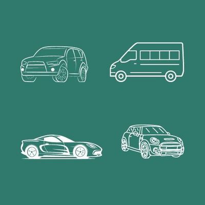 quatre types de voitures différents dessinés à la craie sur un fond vert