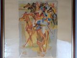 painting of a group of people riding on horses in a room