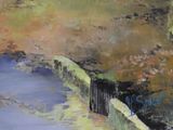 a painting of a man riding a skateboard down the street