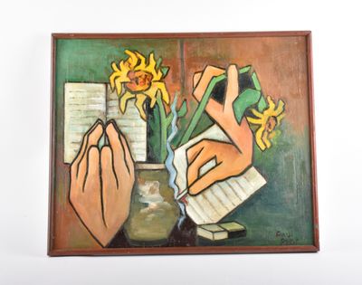 un tableau accroché au mur d'une pièce, représentant une personne tenant un tournesol