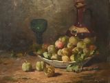 a painting of a bowl of plums and a green vase on a table