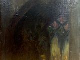 an oil painting of a vase with flowers in it on a table