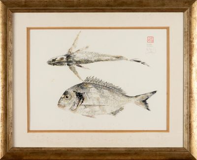 a picture of two fish in a frame on the wall