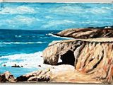 une peinture représentant une grotte au milieu de l'océan