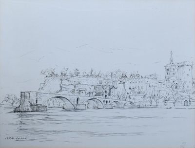 dessin représentant un pont enjambant une rivière, avec un château en arrière-plan