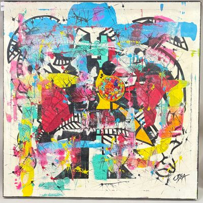 peinture abstraite représentant des formes et des couleurs variées sur un fond blanc