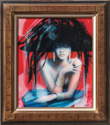 an image of a painting of a woman with long black hair