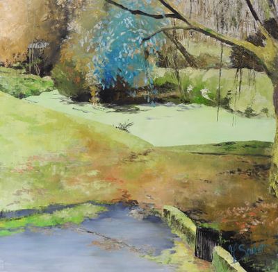 an image of a painting of a pond and a tree in a park